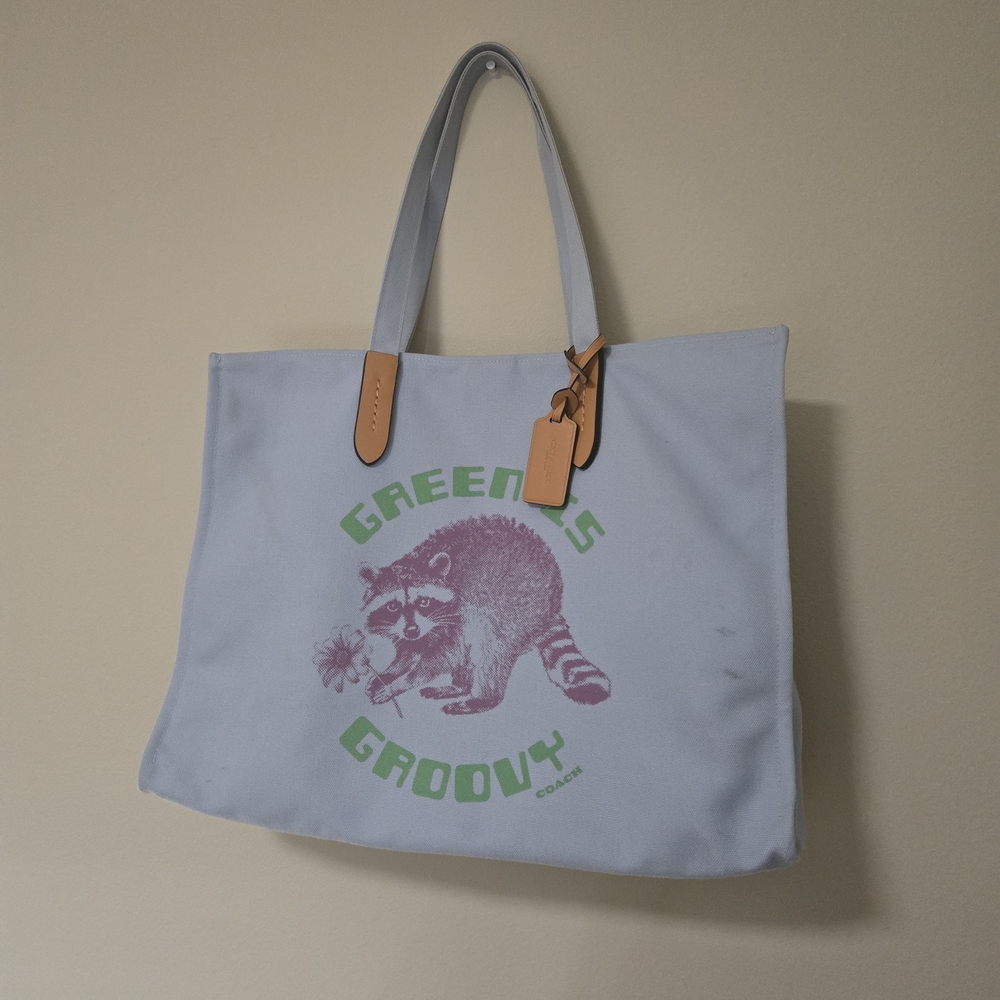Coach Light Blue Tote with Raccoon Print